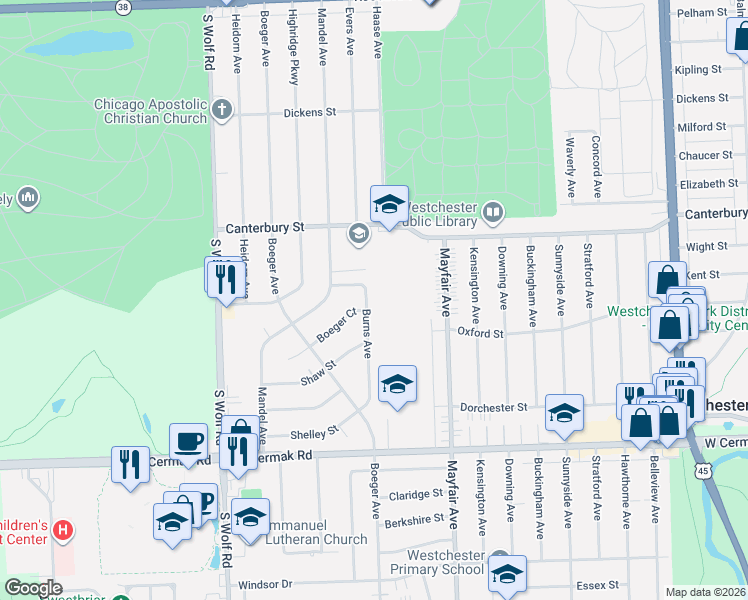 map of restaurants, bars, coffee shops, grocery stores, and more near 1804 Burns Avenue in Westchester