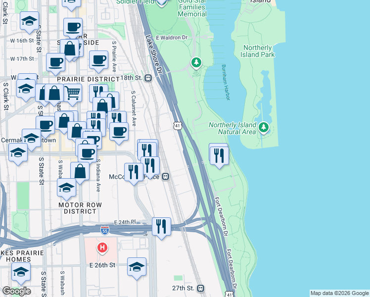 map of restaurants, bars, coffee shops, grocery stores, and more near U.S. 41 in Chicago
