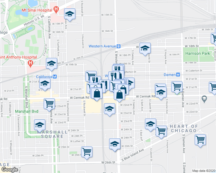 map of restaurants, bars, coffee shops, grocery stores, and more near 2430 West 21st Place in Chicago