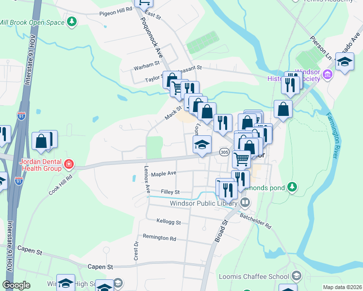 map of restaurants, bars, coffee shops, grocery stores, and more near 76 Hayden Avenue in Windsor