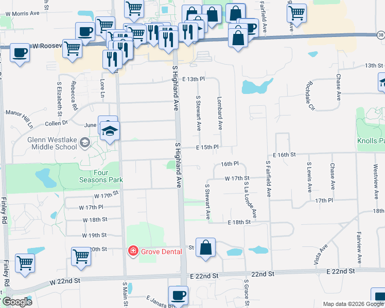 map of restaurants, bars, coffee shops, grocery stores, and more near 555 East 15th Place in Lombard