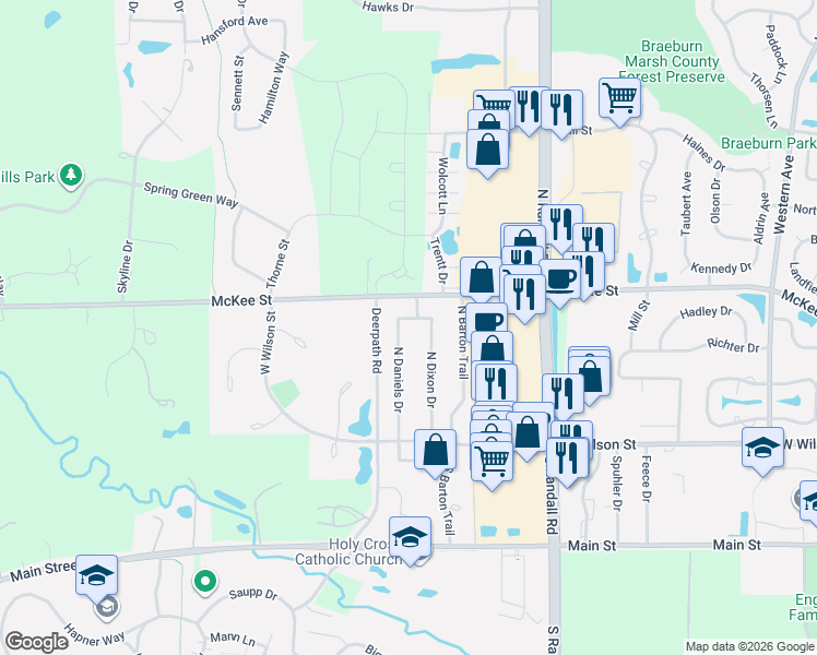 map of restaurants, bars, coffee shops, grocery stores, and more near 153 North Dixon Drive in Batavia
