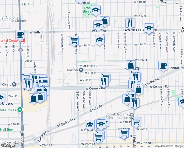 map of restaurants, bars, coffee shops, grocery stores, and more near 4259 West 21st Street in Chicago