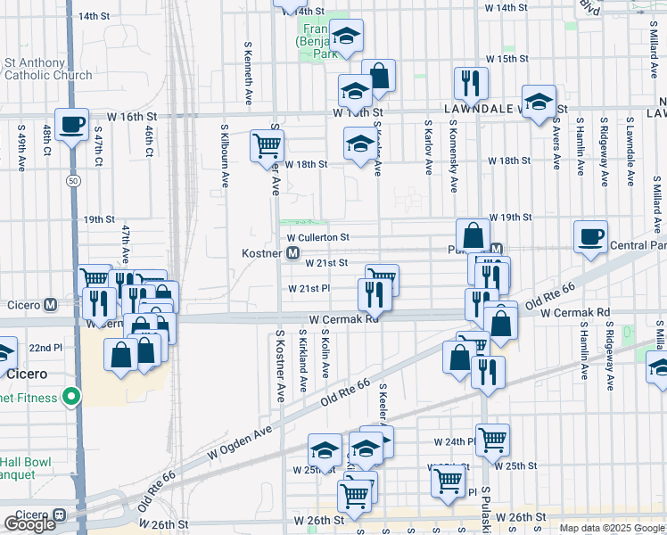 map of restaurants, bars, coffee shops, grocery stores, and more near 4259 West 21st Street in Chicago