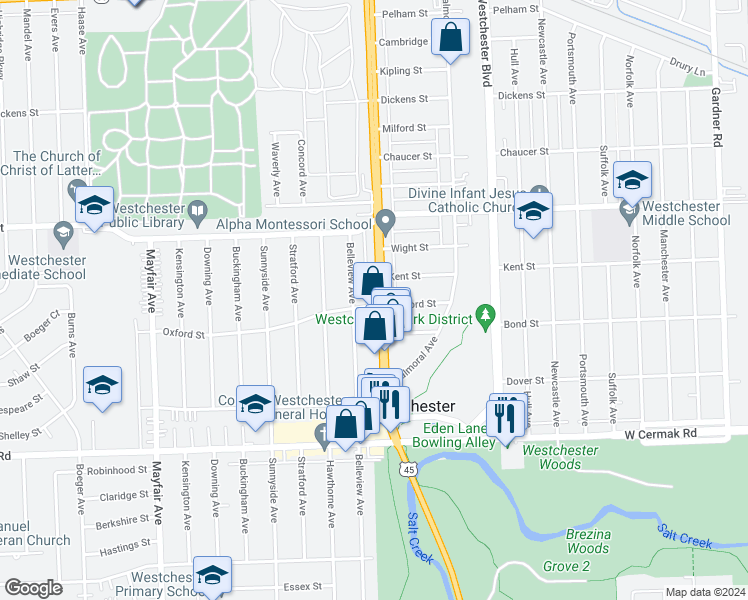 map of restaurants, bars, coffee shops, grocery stores, and more near 1824 South Mannheim Road in Westchester