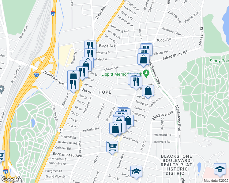 map of restaurants, bars, coffee shops, grocery stores, and more near 115 9th Street in Providence