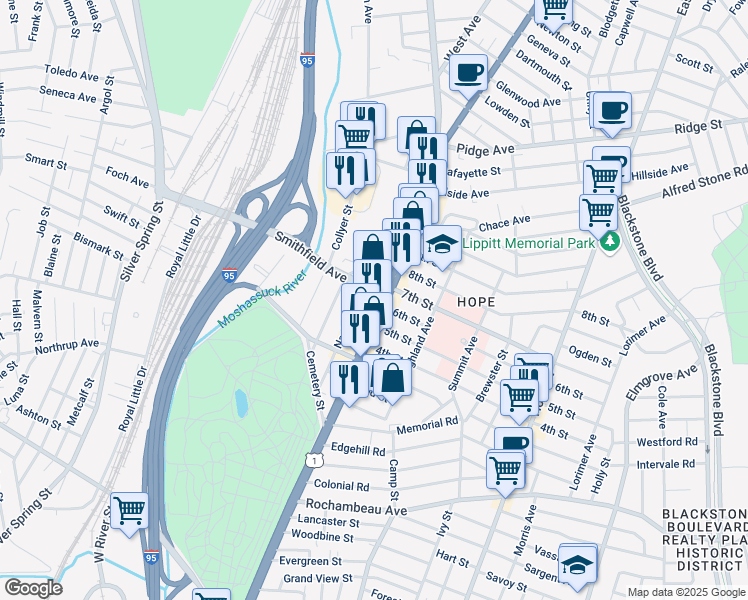 map of restaurants, bars, coffee shops, grocery stores, and more near 1200 North Main Street in Providence