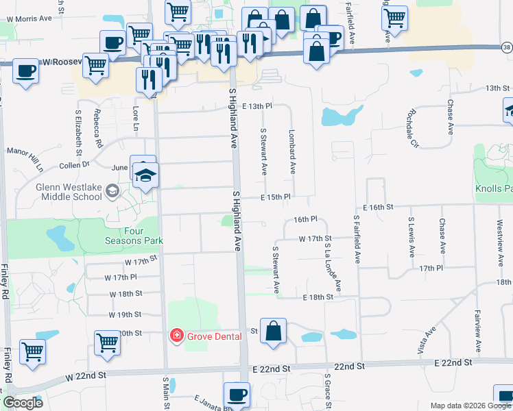map of restaurants, bars, coffee shops, grocery stores, and more near 555 East 15th Place in Lombard