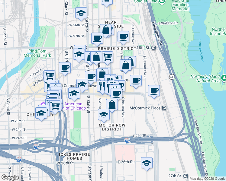 map of restaurants, bars, coffee shops, grocery stores, and more near 2135 South Michigan Avenue in Chicago