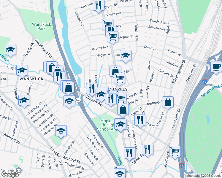 map of restaurants, bars, coffee shops, grocery stores, and more near in Providence