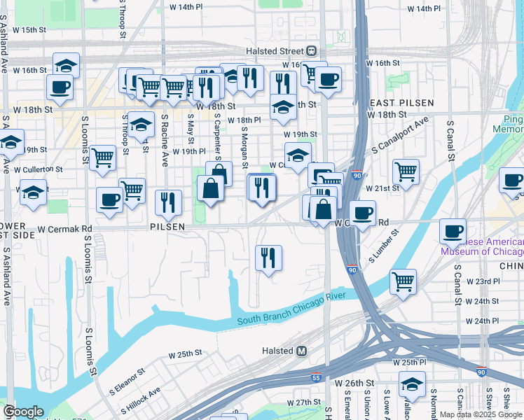 map of restaurants, bars, coffee shops, grocery stores, and more near 2150 South Canalport Avenue in Chicago