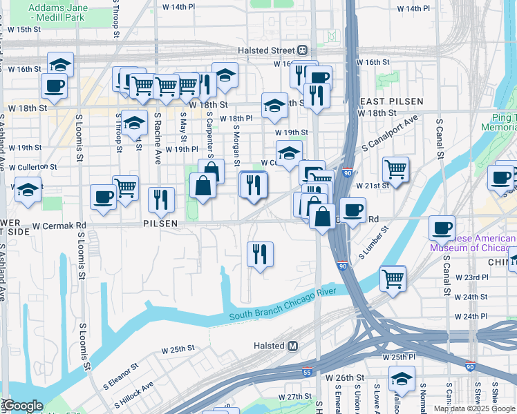 map of restaurants, bars, coffee shops, grocery stores, and more near 2150 South Canalport Avenue in Chicago