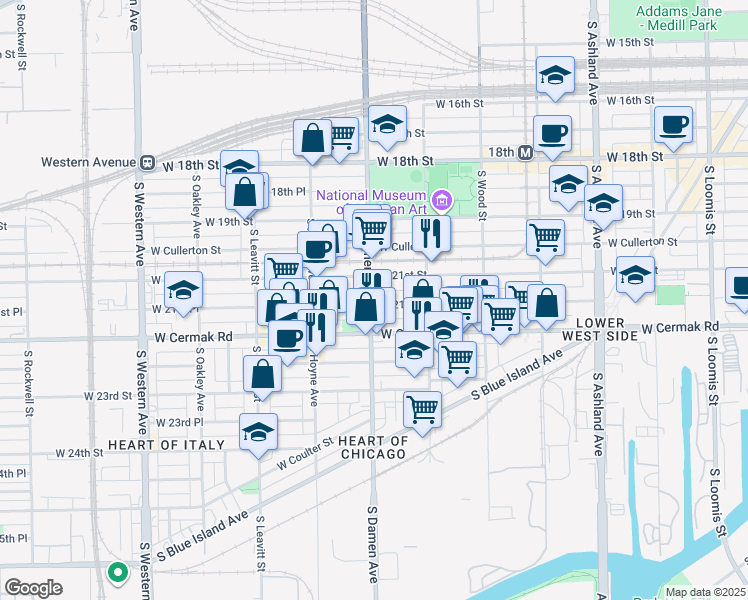 map of restaurants, bars, coffee shops, grocery stores, and more near 1956 West 21st Place in Chicago