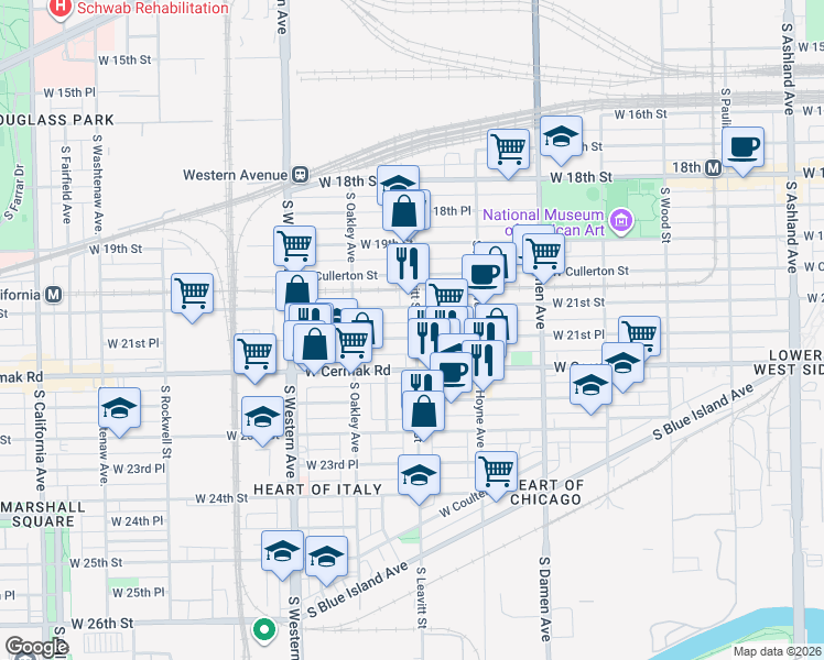map of restaurants, bars, coffee shops, grocery stores, and more near 2200 West 21st Place in Chicago