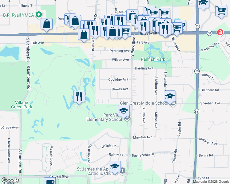 map of restaurants, bars, coffee shops, grocery stores, and more near 586 Lowden Avenue in Glen Ellyn