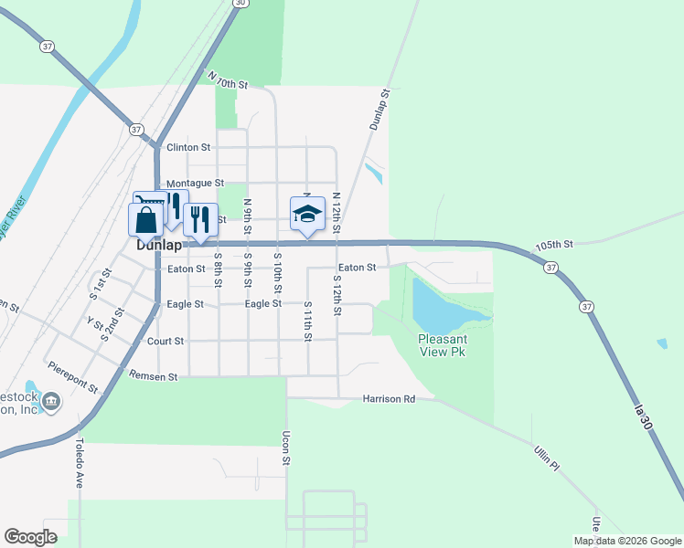 map of restaurants, bars, coffee shops, grocery stores, and more near 1202 Eaton Street in Dunlap