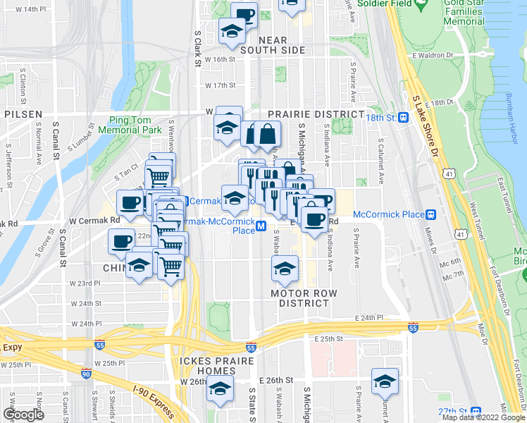map of restaurants, bars, coffee shops, grocery stores, and more near E 22nd St in Chicago
