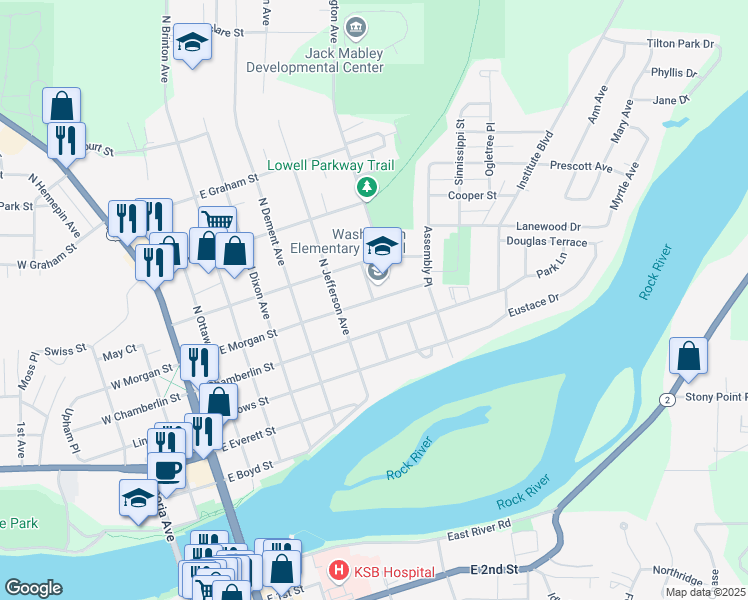 map of restaurants, bars, coffee shops, grocery stores, and more near 703 East Morgan Street in Dixon