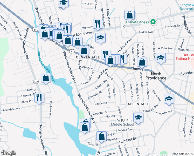 map of restaurants, bars, coffee shops, grocery stores, and more near 51 Allen Avenue in North Providence