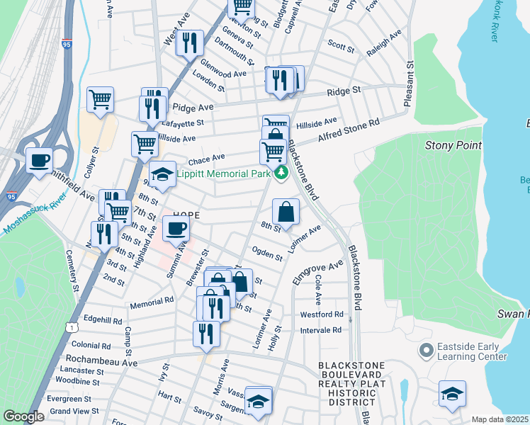 map of restaurants, bars, coffee shops, grocery stores, and more near 210 8th Street in Providence