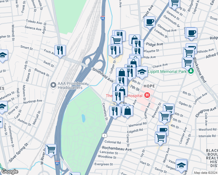 map of restaurants, bars, coffee shops, grocery stores, and more near 100 Nashua Street in Providence