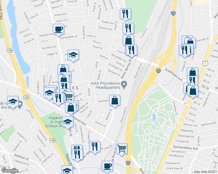 map of restaurants, bars, coffee shops, grocery stores, and more near 36 Edward Street in Providence