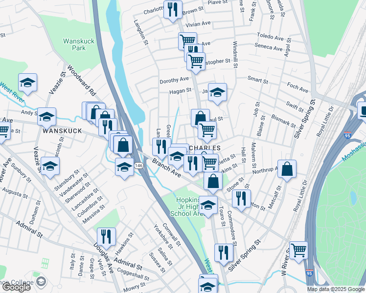 map of restaurants, bars, coffee shops, grocery stores, and more near 39 Opper Street in Providence
