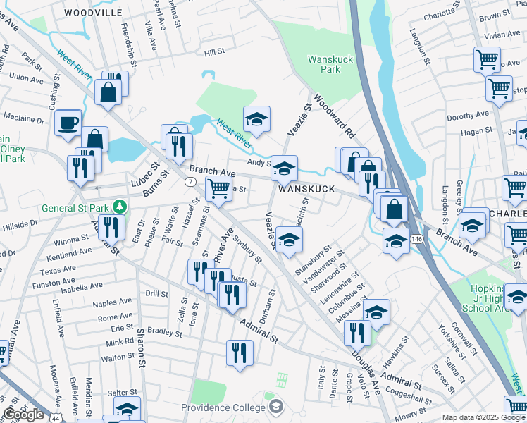 map of restaurants, bars, coffee shops, grocery stores, and more near 21 O Neil Street in Providence