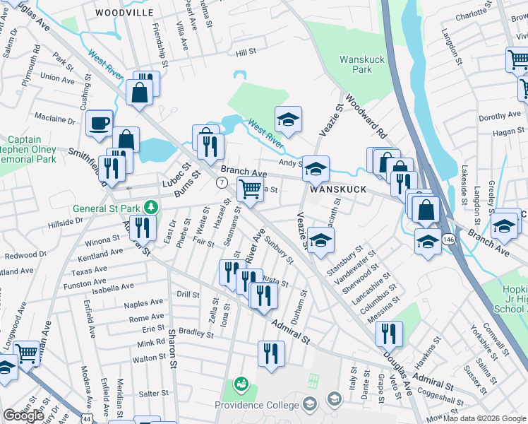 map of restaurants, bars, coffee shops, grocery stores, and more near 916 Rhode Island 7 in Providence