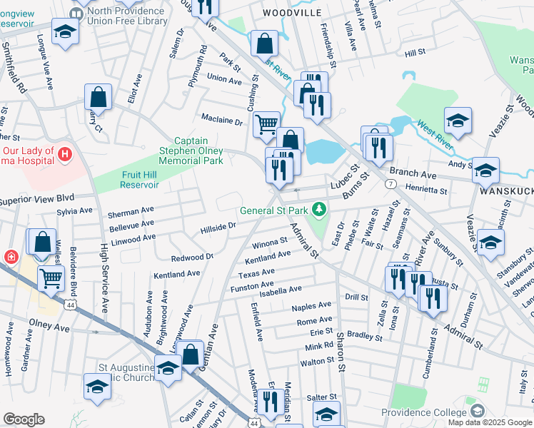 map of restaurants, bars, coffee shops, grocery stores, and more near 33 Wanskuck Avenue in Providence