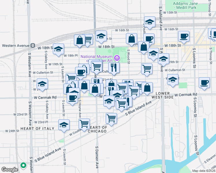 map of restaurants, bars, coffee shops, grocery stores, and more near 1909 West 21st Street in Chicago