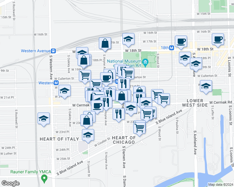 map of restaurants, bars, coffee shops, grocery stores, and more near 2015 West 21st Place in Chicago