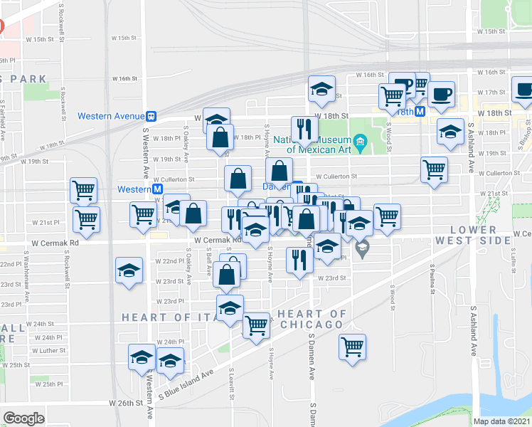 map of restaurants, bars, coffee shops, grocery stores, and more near 2057 West 21st Place in Chicago