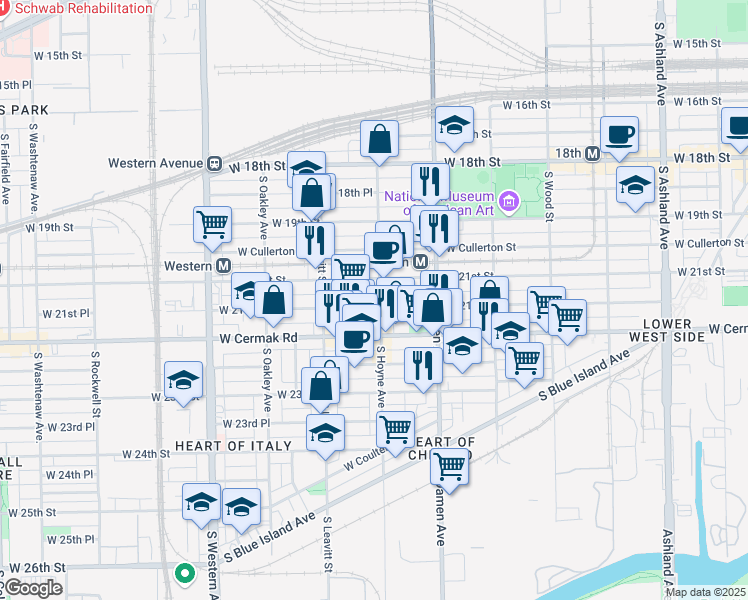 map of restaurants, bars, coffee shops, grocery stores, and more near 2057 West 21st Place in Chicago