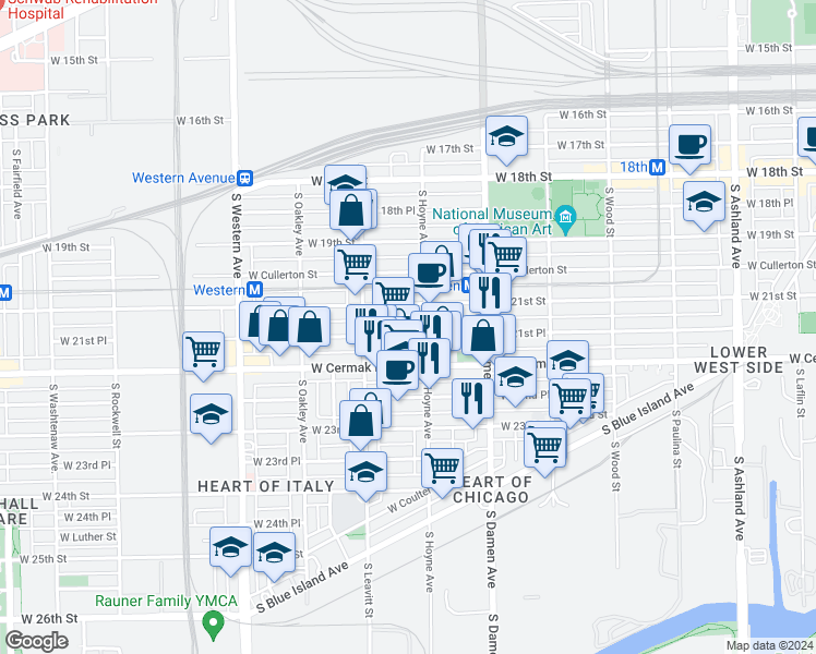 map of restaurants, bars, coffee shops, grocery stores, and more near 2146 South Hoyne Avenue in Chicago