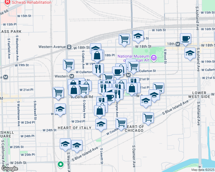 map of restaurants, bars, coffee shops, grocery stores, and more near 2146 South Hoyne Avenue in Chicago