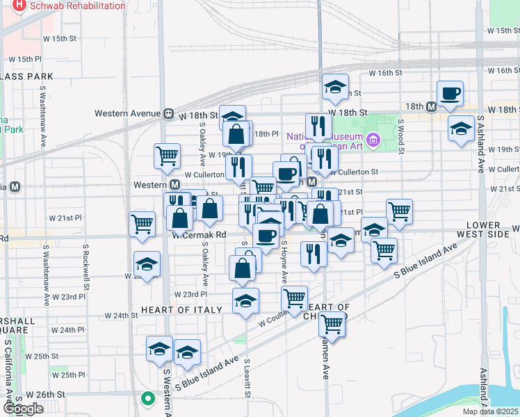 map of restaurants, bars, coffee shops, grocery stores, and more near 2146 South Hoyne Avenue in Chicago