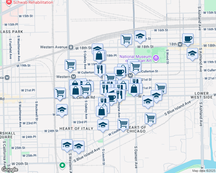 map of restaurants, bars, coffee shops, grocery stores, and more near 2146 South Hoyne Avenue in Chicago