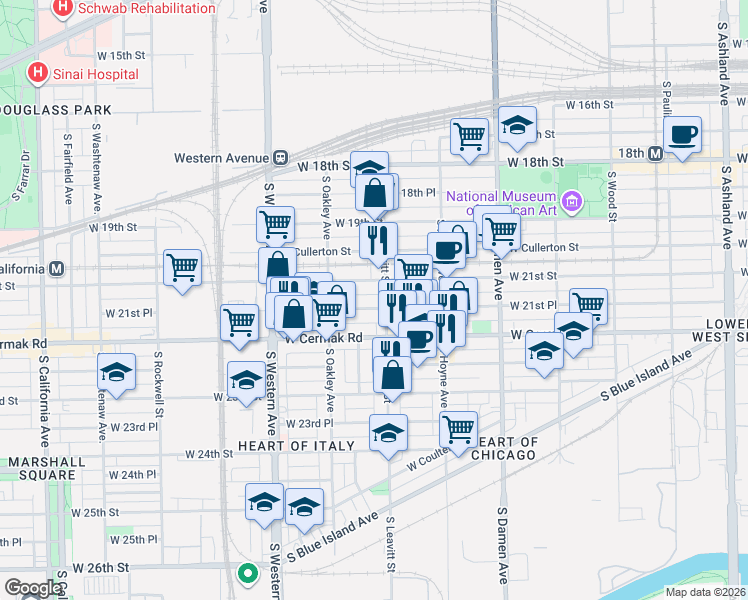 map of restaurants, bars, coffee shops, grocery stores, and more near 2203 West 21st Place in Chicago