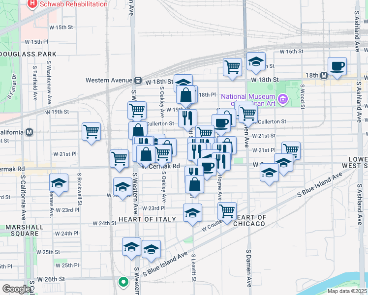 map of restaurants, bars, coffee shops, grocery stores, and more near 2203 West 21st Place in Chicago