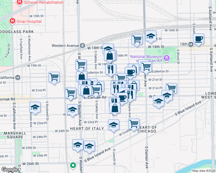 map of restaurants, bars, coffee shops, grocery stores, and more near 2203 West 21st Place in Chicago