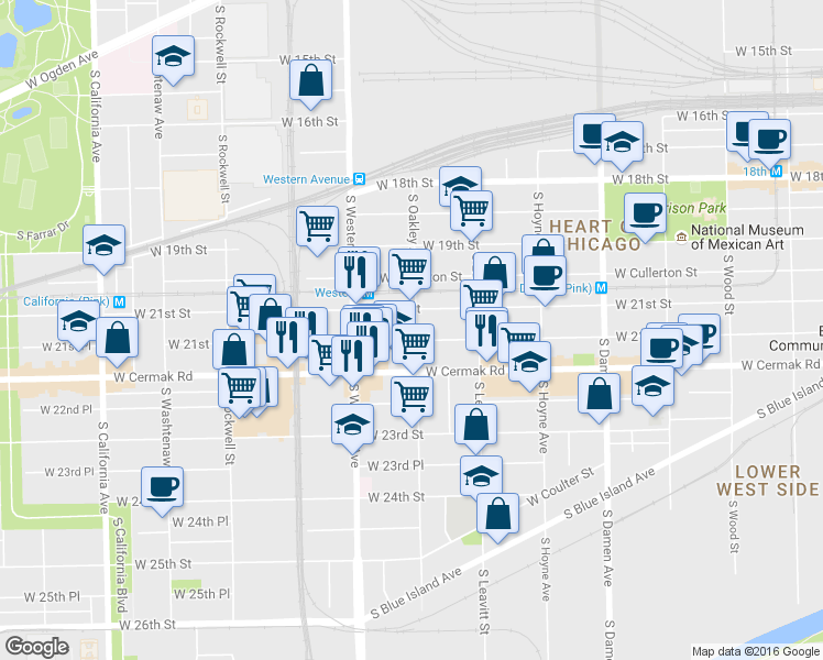 map of restaurants, bars, coffee shops, grocery stores, and more near 13 West 21st Place in Chicago