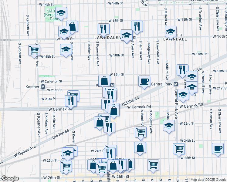 map of restaurants, bars, coffee shops, grocery stores, and more near 2113 South Pulaski Road in Chicago