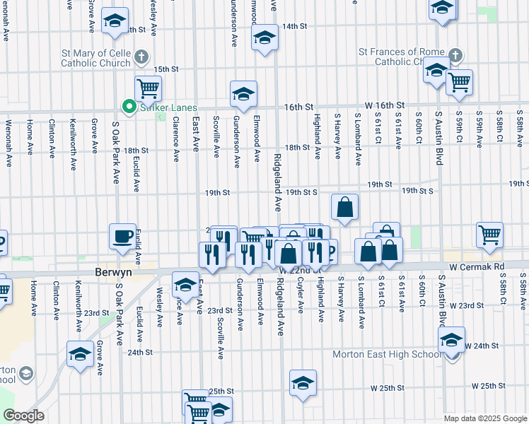 map of restaurants, bars, coffee shops, grocery stores, and more near 1927 Elmwood Avenue in Berwyn