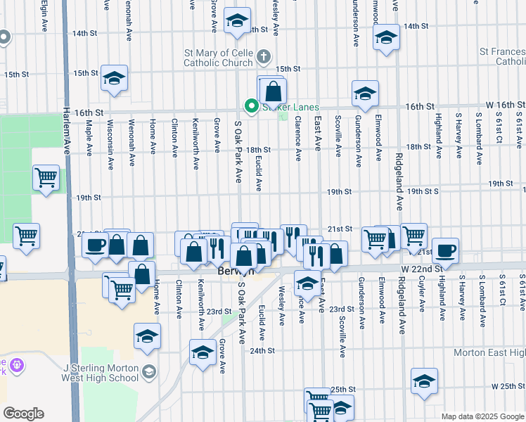 map of restaurants, bars, coffee shops, grocery stores, and more near 1929 Euclid Avenue in Berwyn
