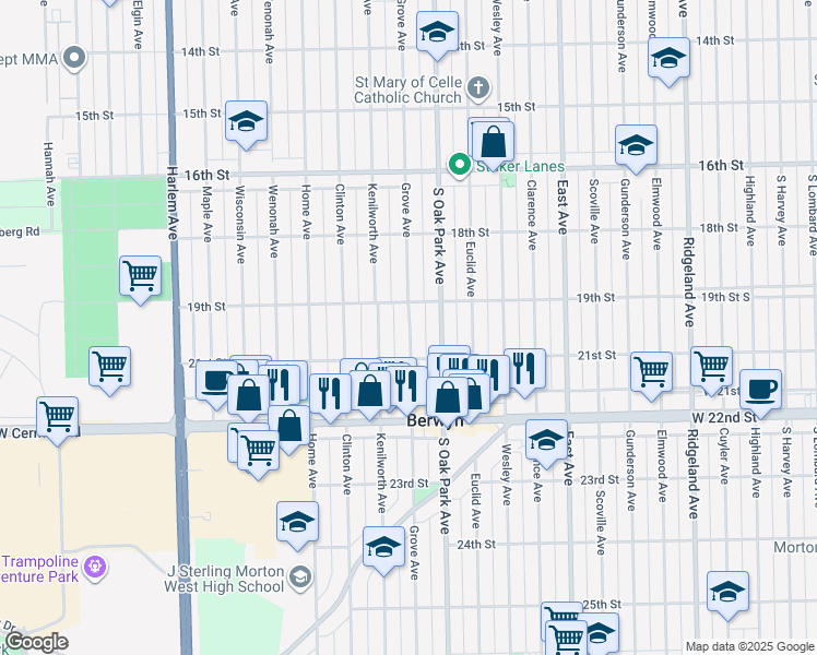 map of restaurants, bars, coffee shops, grocery stores, and more near 1928 Grove Avenue in Berwyn