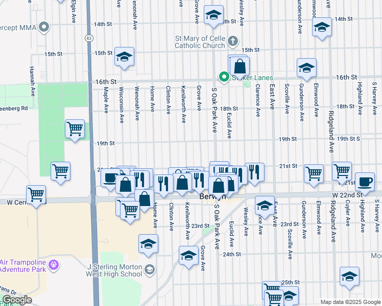 map of restaurants, bars, coffee shops, grocery stores, and more near 1928 Grove Avenue in Berwyn