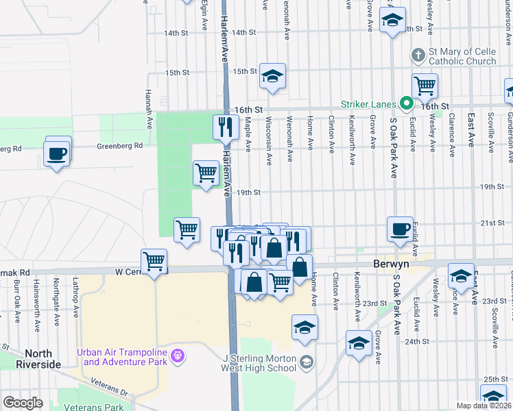 map of restaurants, bars, coffee shops, grocery stores, and more near 1924 Maple Avenue in Berwyn