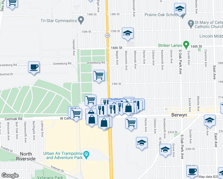map of restaurants, bars, coffee shops, grocery stores, and more near 1900 Harlem Avenue in North Riverside