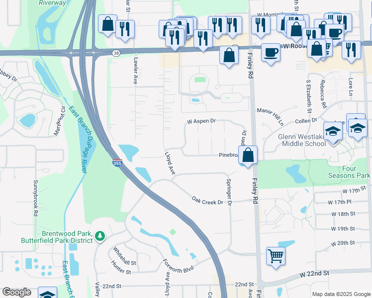 map of restaurants, bars, coffee shops, grocery stores, and more near 947 Aspen Drive in Lombard